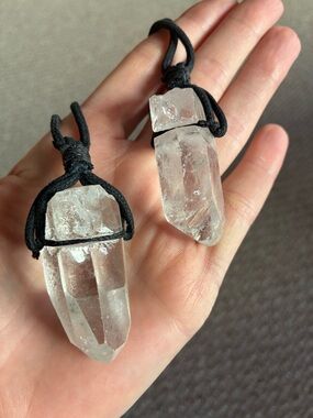 Clear Quartz Point Pendant Necklace with Black Cord - Natural Crystal